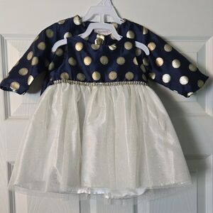Sweet Heart Rose 9-12 M Navy with Gold Polka Dot Baby Dress w/ Matching Jacket